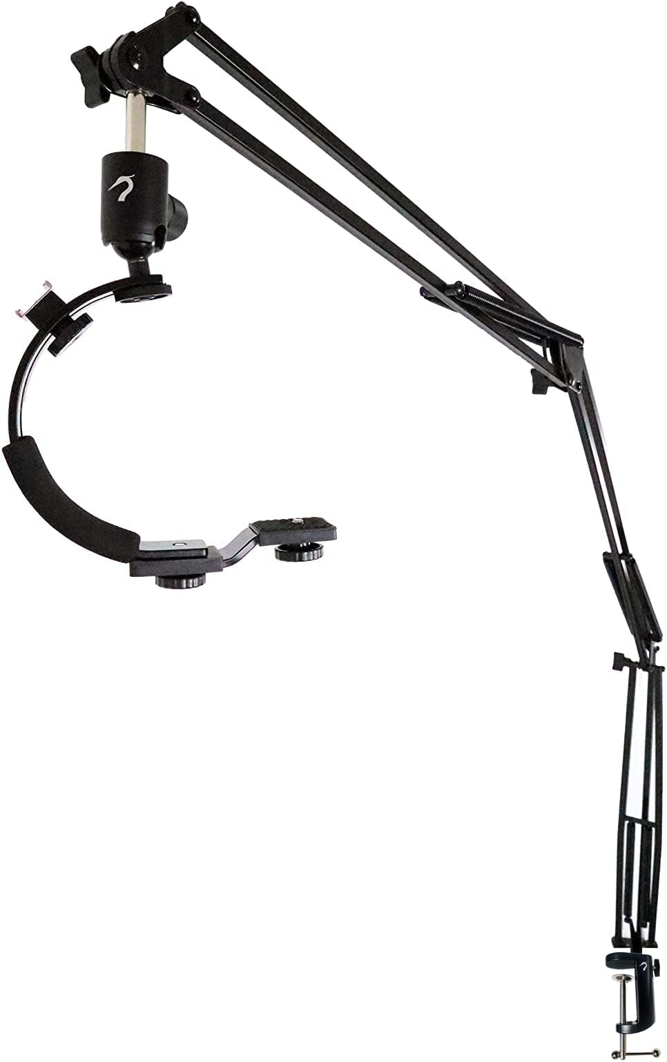 Heron - 5ft Articulating Arm Camera Mount - Flexible Desk Clamp Camera Arm for Mirrorless Digital Camera/Phone/Gopro7 with C Shape Stabilizer Handle - 5FT Reach Steel Boom - Desk Mount Camera Crane