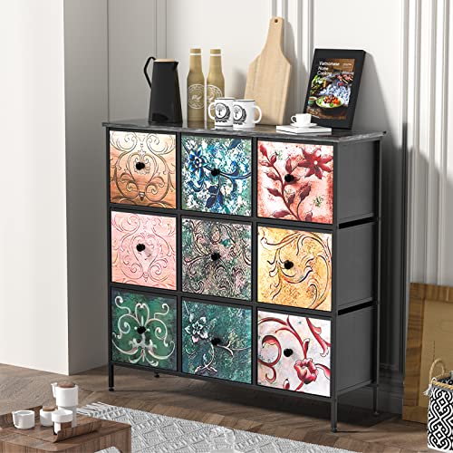 Yilqqper Dresser For Bedroom With 9 Drawers, Chest Of Drawers For Closet, Living Room, Hallway, Nursery, Tall Storage Organizer Unit With Sturdy Steel Frame, Fabric Bins, Wood Top (Floral Painted) #TOP1