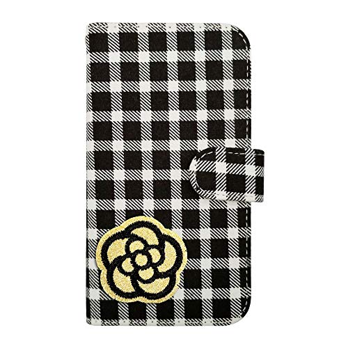 sslink iPhone 17Pro アイフォン17プロ 対応 手帳型 ケース カメリア(ゴールドグリッターラメ) デコ かわいい おしゃれ ワッペン 刺繍 キラキラ (チェック02) チェック柄 千鳥柄 ファブリック 布 生地 PUレザー 合皮 ダイア
