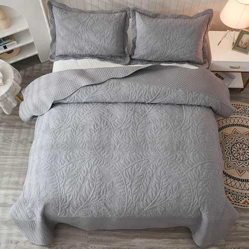 MarCielo 3-Piece 100% Cotton Oversized Bedspread Lightweight Quilt Coverlet Embroidery Farmhouse Bedding Set T0 (Light Grey, Oversized King (118"x106"))