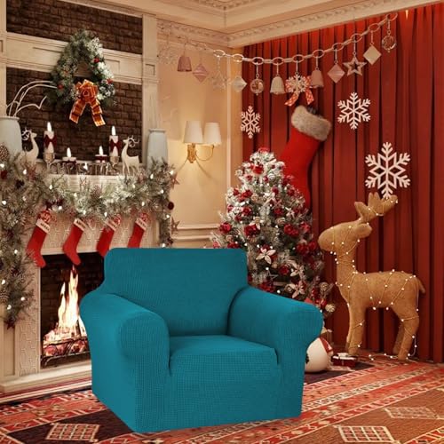 KEKUOU Stretch Single Sofa Slipcover 1 Piece Couch Sofa Cover (31"-55") Furniture Protector 1 Seater Sofa with Elastic Bottom for Kids,Pet.Jacquard Small Checked Pattern Fabric(Small,Peacock Blue)