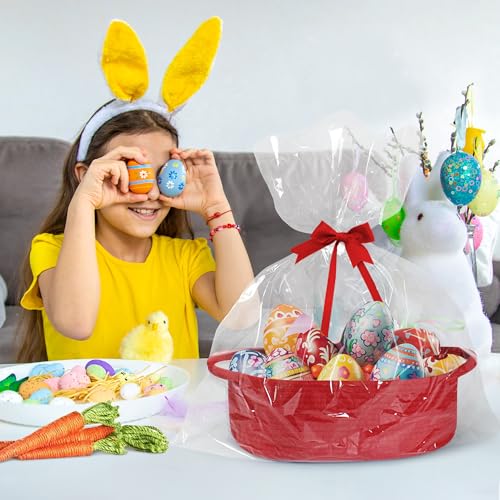 Image of Small Baskets for Gifts Empty, 13 inchx 9 inchx 5 inch Woven Gift Basket with Bag and Ribbon, Cotton Rope Kids Dog Cat Toy Bin Box, Cute Baby Nursery Organizer, Decorative Storage with Handles, Red