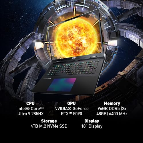 Image of MSI Titan 18 HX AI 18 inch 120Hz MiniLED UHD+ Gaming Laptop: Intel Ultra 9-285HX, NVIDIA Geforce RTX 5090, 64GB DDR5, 6TB NVMe SSD, Thunderbolt 5, Wi-Fi 7, Win 11 Pro: Black A2XWJG-614US