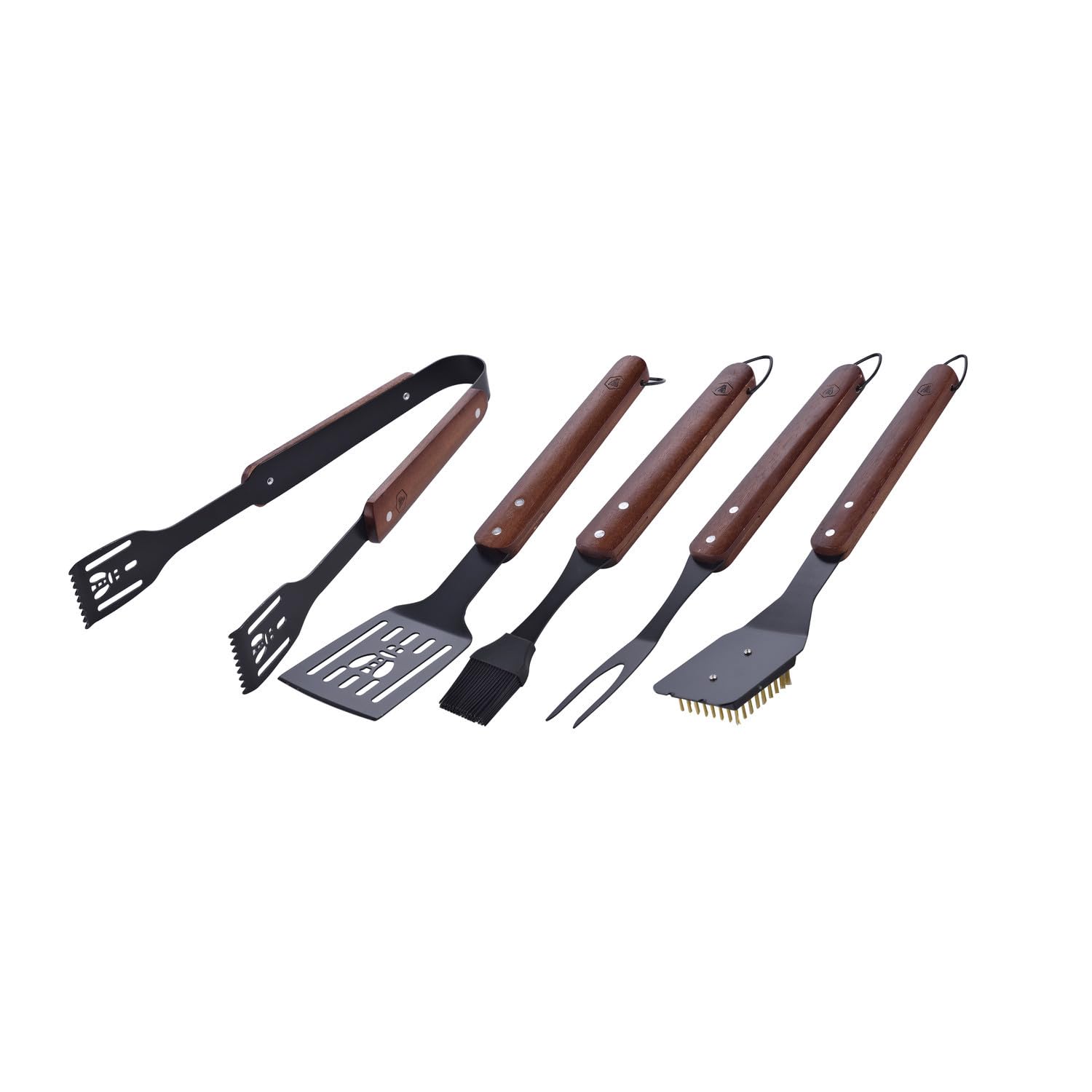 LAGUIOLE Black Edition Set 5 Ustensiles Barbecue, Manche Bois Caoutchouc, Acier Inoxydable, Silicone, Kit Voyage Camping Jardin