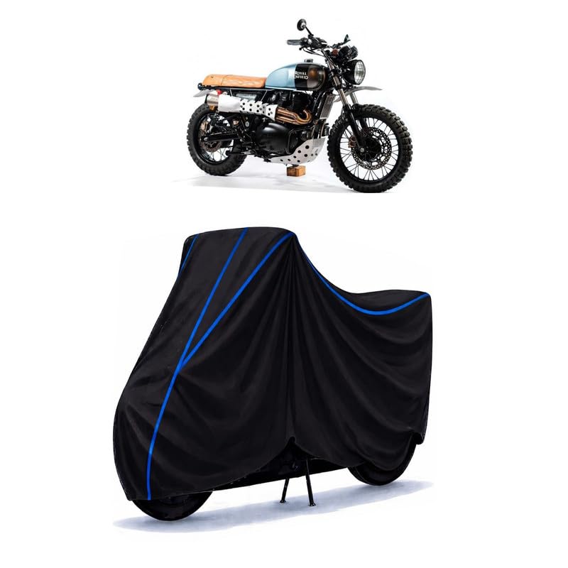 Image of Scrambler 350 Bike Cover Water Resistant Universal Motorcycle Rain | Heavy Duty UV Protection, Dust, Scratch Indoor Outdoor All Weather with Black Blue Piping Elastic