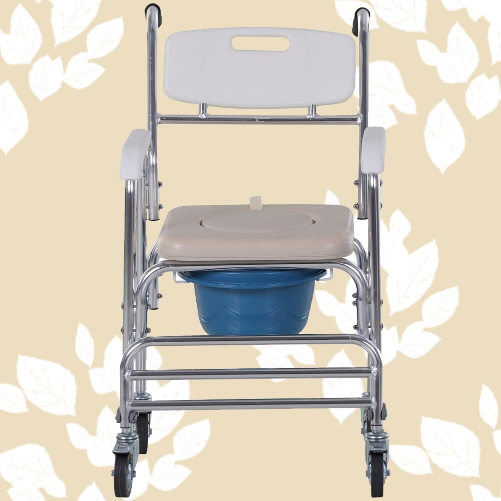 BAKAJI Silla de ruedas impermeable con inodoro y asiento de piel sintética con 4 ruedas y freno, maceta extraíble con reposabrazos cómodos, asiento con inodoro y respaldo para pacientes, ancianos