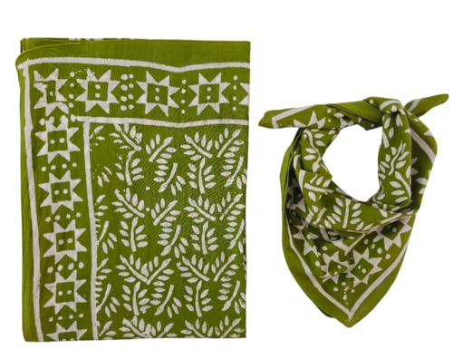 Moss Green Sarong With Bandana Mini Scarf Handblock Printed Floral Design Pure cotton Pareo for women Cover ups Gift For Her Handmade Indian