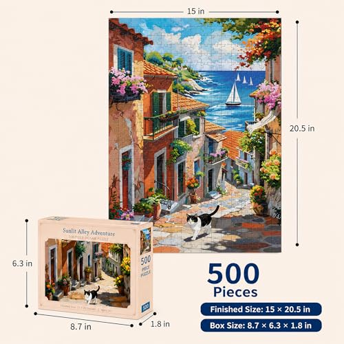 Rompecabezas Sunlit Alley Adventure 500 piezas para adultos – Colorida escena de pueblo mediterráneo con gatos, veleros y flores – Regalo relajante miniatura 2