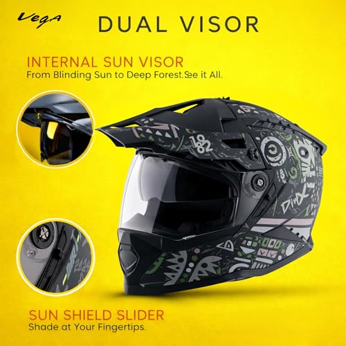 Image of Vega VF 11 Dirt-X Challenge Full Face Riding Helmet with Matte Shock Absorbing Shell, Aerodynamic Design, Ventilated Interior, Aggressive Racing Styling Dull Black Grey -M