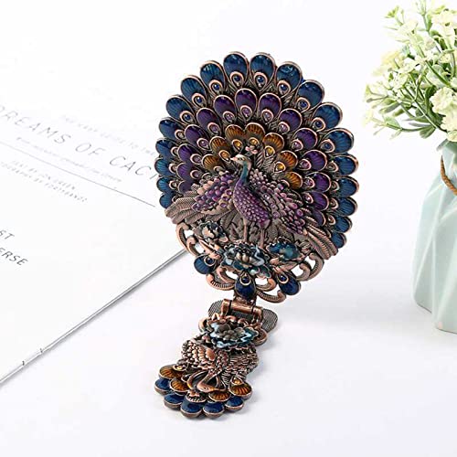 Nerien Hand Mirror Vanity Makeup Mirror Travel Foldable Peacock Metal Cosmetic Mirrors Portable Adjustable Embossed Handle Mirror Decorative Desk Vintage Oval Beauty Mirrors Red Copper-1 #TOP2