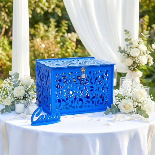 Image of OurWarm Blue Wedding Card Box with Lock, Large PVC Gift Card Boxes for Wedding Decorations for Reception, Durable Money Honeymoon Fund Box for Bridal Shower, Baby Shower & Party Displays