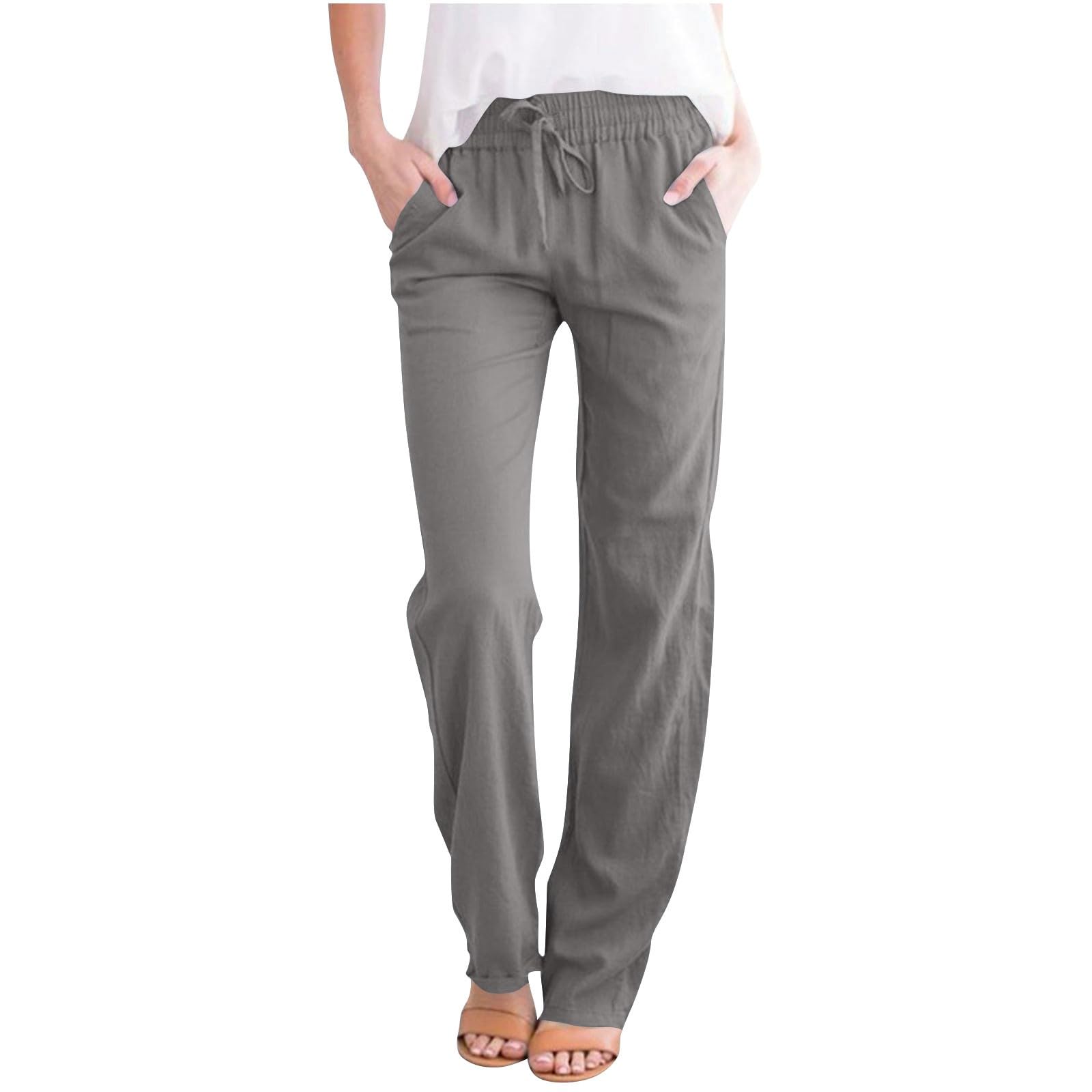 Womens Linen Cotton Wide Leg Pants Boho Palazzo Trousers for Summer High Waisted Elastic Side Pockets Sizes XS-XXL
