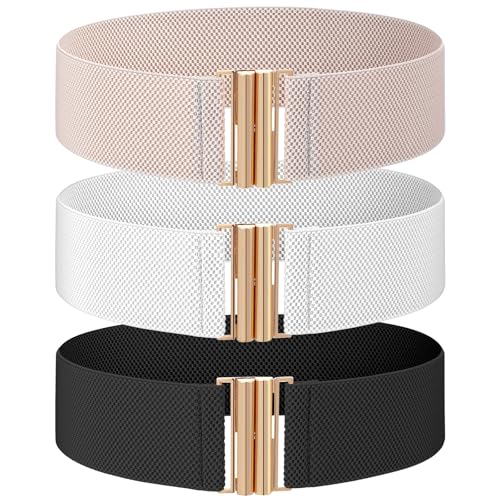 3Pcs Wide Elastic Belts for Women, Adjustable Trimmer Stretch Belt Women with Golden Buckle, Vintage Pants Jeans Dress Waistband Wide Belt(Black+White+Khaki)