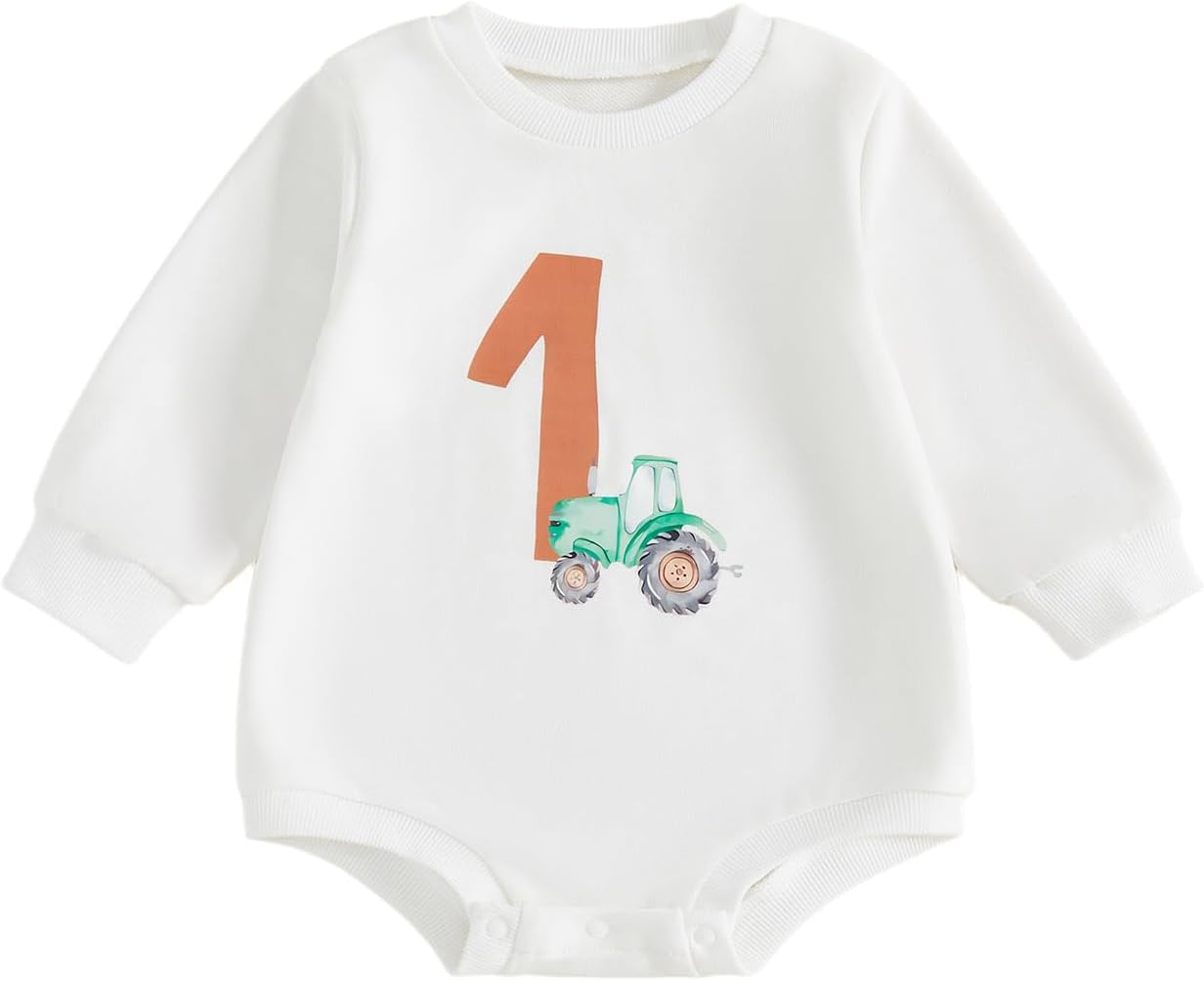 BULINGNA Baby Boy First Birthday Outfit Tractor Birthday Romper Sweatshirt Fall Bodysuit for One Year Old Boy