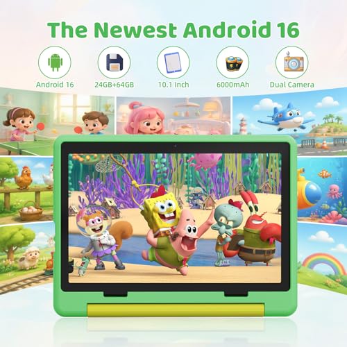 Image of Gleeso Android 16 Kids Tablet, 24GB RAM 64GB ROM Tablet for Kids Toddler Children, 6000mAh Battery, Parental Control, Kids Mode, GMS Certified, 10 Inch Kids Tablet with Case, Dual Camera, Gift, Green