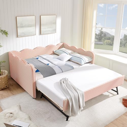 Image of KEIKI Full Size Upholstery Gingham Daybed with Trundle and USB, Pink