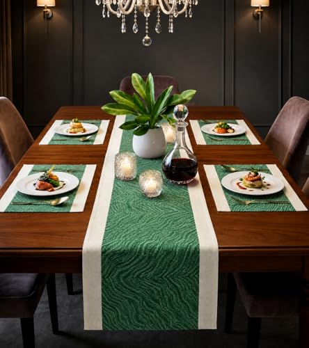 Image of YELONA Placemats and Table Runner Set - Heat Resistant, Non-Slip & Washable PVC Vinyl Dining Table Mats - Jade Green (4 Placemats: 45x30 cm, 1 Runner: 180x30 cm)