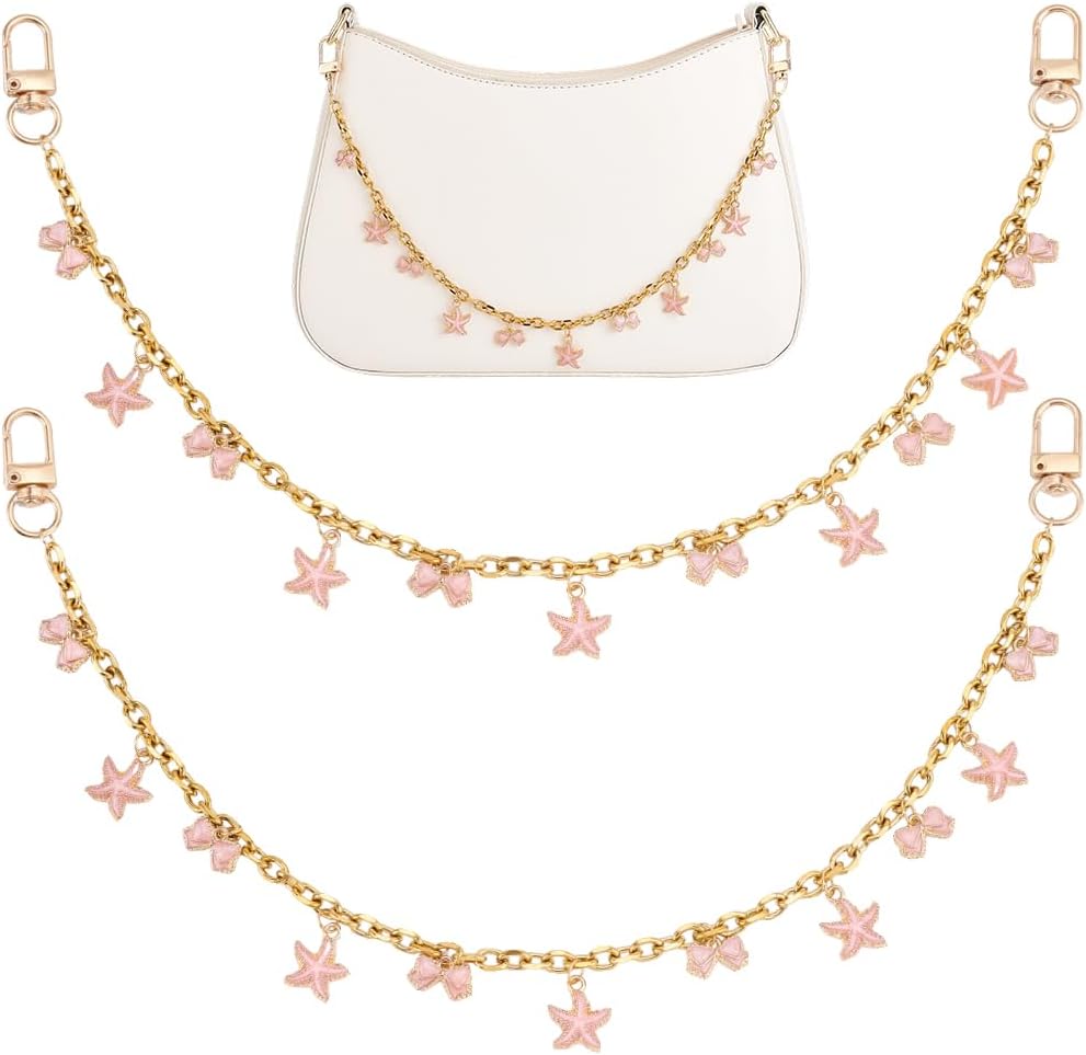 Beebeecraft 2Pcs Bag Chain Charms for Handbags 15.7in 304 Stainless Steel Pink Bowknot Starfish Purse Charm Chains Summer Decorative Bag Chain for Tote Shoulder Purse Handbag Wallet Crossbody Bag