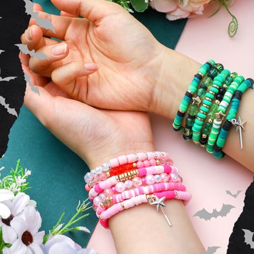 12 Pcs Green and Pink Friendship Matching Witch Bracelets Stackable Beaded Bracelets Women Couples BFF Jewelry Gifts for Witch Halloween Fans Wedding Party Accessories3
