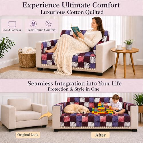 Image of STITCHNEST 'Frostvine Collection' 3 Seater Sofa Cover| Cotton Quilted Fabric, Decorative Tassels, Washable & Durable for Modern Living