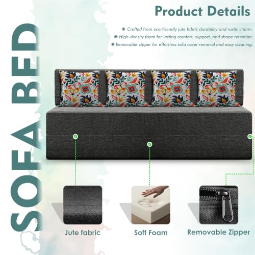 Image of Los Angeles Foldable Four Seater Sofa Cum Bed, Sofa Bed 6 X 6 Feet Jute Fabric Washable Cover- Including Cushion Perfect for Living Room - Black