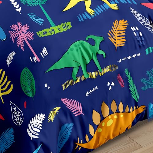 Decalsweet Dinosaur Duvet Cover Set for Boys,Dino Palm Leaf Bedding Set for Kids Children,Soft Breathable Quilt Cover with Pillowcase,Single(Blue),2 pcs - Image 4