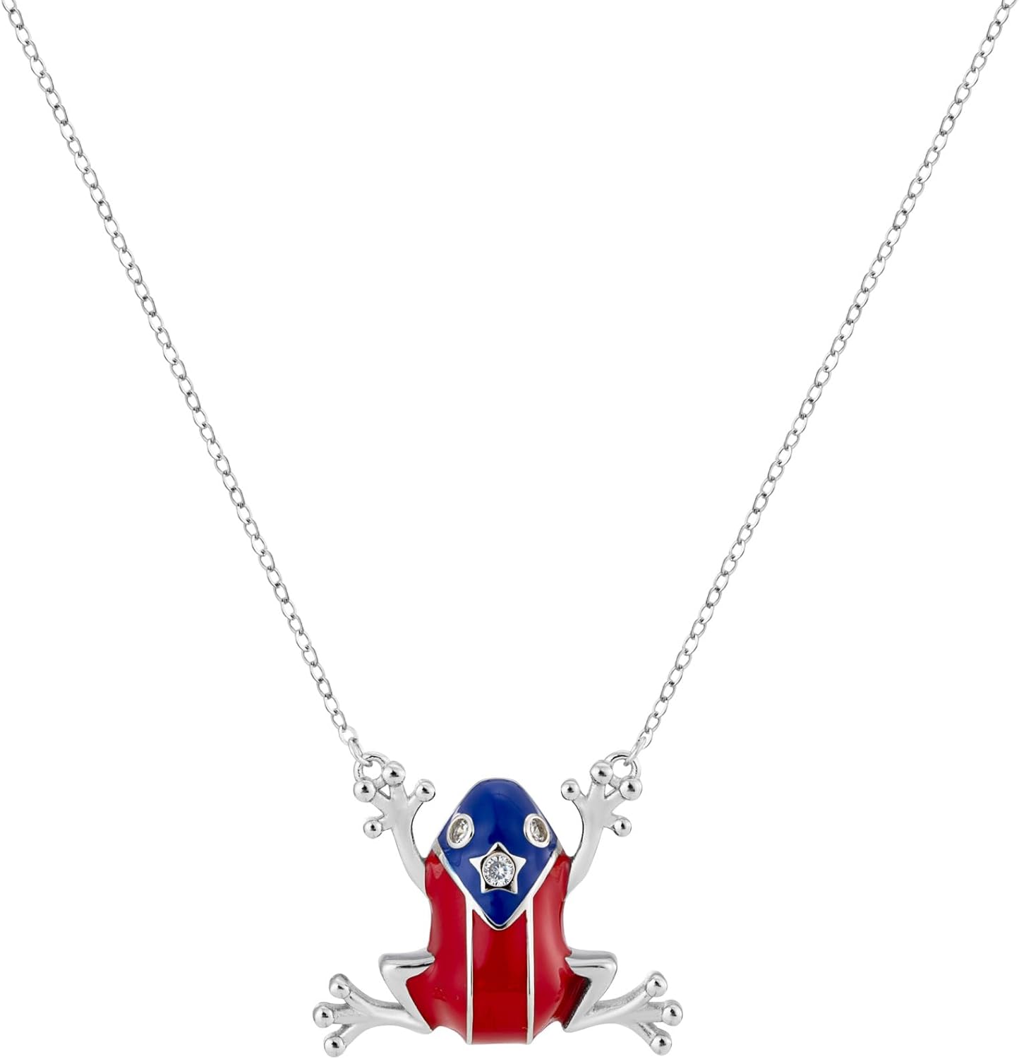 Bolenvi Puerto Rico Flag Coqui Frog Necklace Jewelry, Enamel & 925 Sterling Silver Adjustable Chain