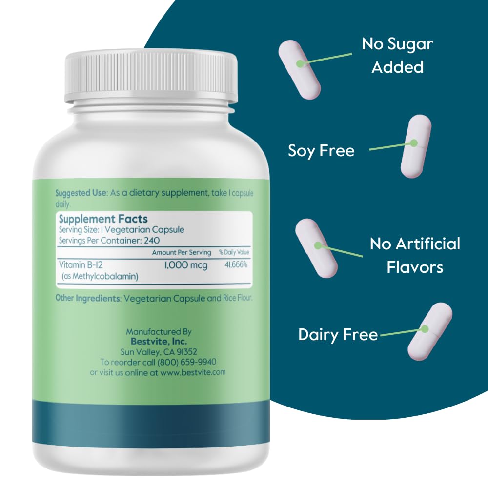 BESTVITE Vitamin B12 (Methylcobalamin) 1000mcg (240 Veg Caps) (Methyl B12) — Amazon image 3