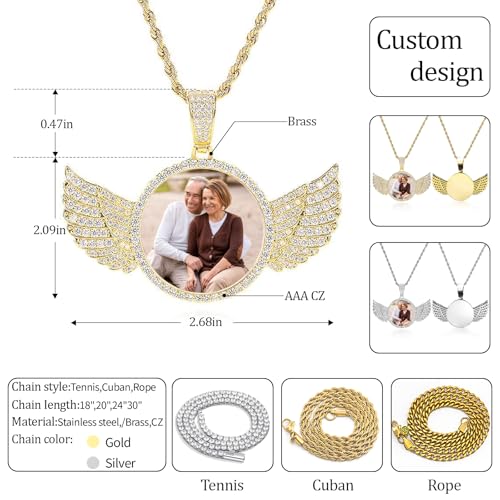 Circle Chain with Picture Pendant for Men Women, Custom Chain Personalized Photo Necklace 18k Gold Plated Iced Out Hip Hop Circle Chain with Wings Big Memorial Necklaces CZ Jewelry Rappers Christmas Gift Rope/Cuban/Tennis Chains2