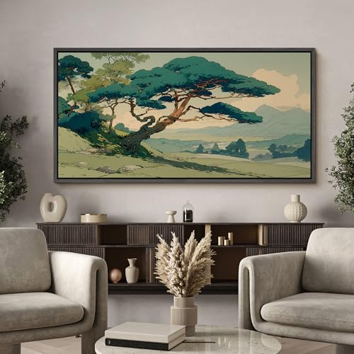 Image of MUDECOR Extra Large Framed Canvas Print Wall Art Vintage Japanese Pine Tree Landscape Oriental Antique Retro Ready to Hang Painting for Living Room Bedroom Multi-Sizes - 60 inchx30 inch