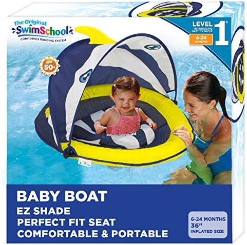 SwimSchool Deluxe Baby Float with Adjustable Canopy - 6-24 Months - Baby Swim Float with Splash & Play Activity Center Safety Seat - Navy/White