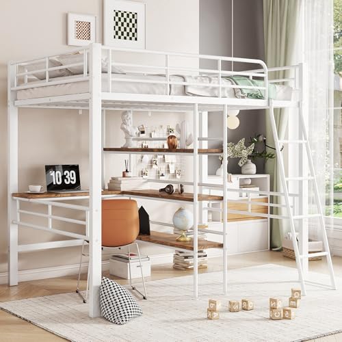 NovaFurnish Cama alta, 90 x 200 cm, sin colchón, cama con escritorio, varios estantes, barandilla, escalera, marco de hierro (blanco)