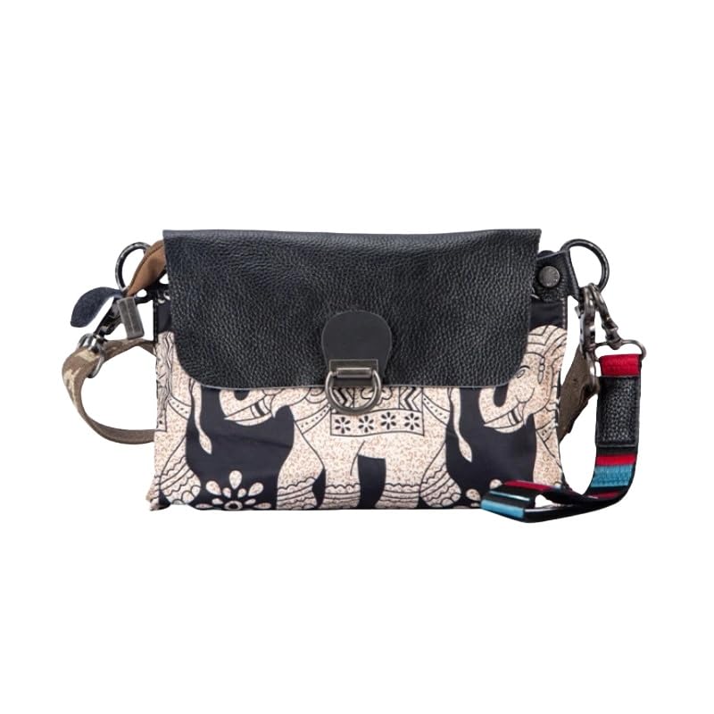 Sac à bandoulière vintage en toile pour femme grand format noir et beige