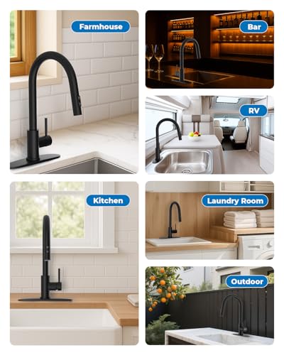 Image of WEWE Kitchen Faucet with Pull Down Sprayer, Matte Black SUS304 Stainless Steel Kitchen Sink Faucets, High Arc Single Handle Faucet for Kitchen Sink, Commercial Modern Farmhouse RV Utility Faucet