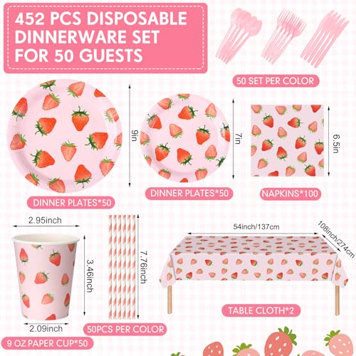 Image of Funnymoom 452 Pcs Strawberry Party Supplies for 50 Guests, Strawberry Paper Plates Napkins Cups Tablecloth Cutlery Straws for Berry First Birthday Baby Shower Party Decorations