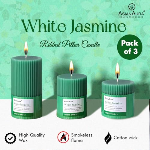 Image of ASIAN AURA Ribbed Pillar Candles - Pack of 3 | Scented Candles for Home Decor, Gifting & Festive Use | Long Burn time up to 36hrs | Clean-Burning Wax & Smokeless Flame (White Jasmine)