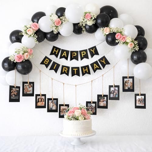 Image of Party Propz Black and White Birthday Decoration Kit - 41 Pcs, Happy Birthday Banner, Balloons, Photo Frames with Clips, Elegant Birthday Decoration Kit for Kids & Adults