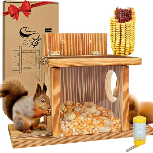 Squirrel Feeder Wooden Squirrel Feeders for Outside with Corn Cob Holder and Removable Front Panel with Transparent Viewing Top Lid Opens for Easy Filling of Peanuts and Corn