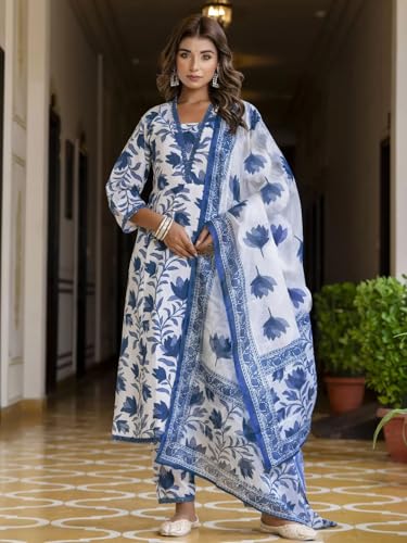Image of Tee Projekt Women's Cotton Blend Mandarin Anarkali Kurta Pant with Dupatta Set
