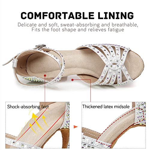 Image of JUODVMP Women's Latin Dance Shoes Rhinestones Satin Ballroom Dancing Shoes Salsa Professional Dance Shoes