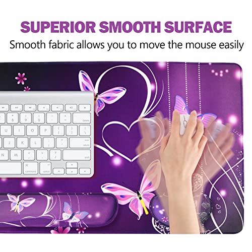 Image of ARTSO Large Gaming Mouse Pad, Keyboard Wrist Rest Pad & Wrist Support Mousepad Set, Stitched Edge, Extended, Non-Slip Base, Memory Foam Desk Mat for Office, Home, Purple Heart Butterfly