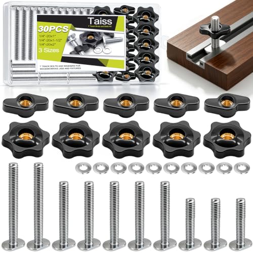 Taiss 30PCS 1/4-20 T Track Knob Kit Two Kinds Threaded Knobs 1/4-20x1 1-1/2 2 3 Sizes T Track Bolts and Washers for Woodworking Jigs and Fixtures