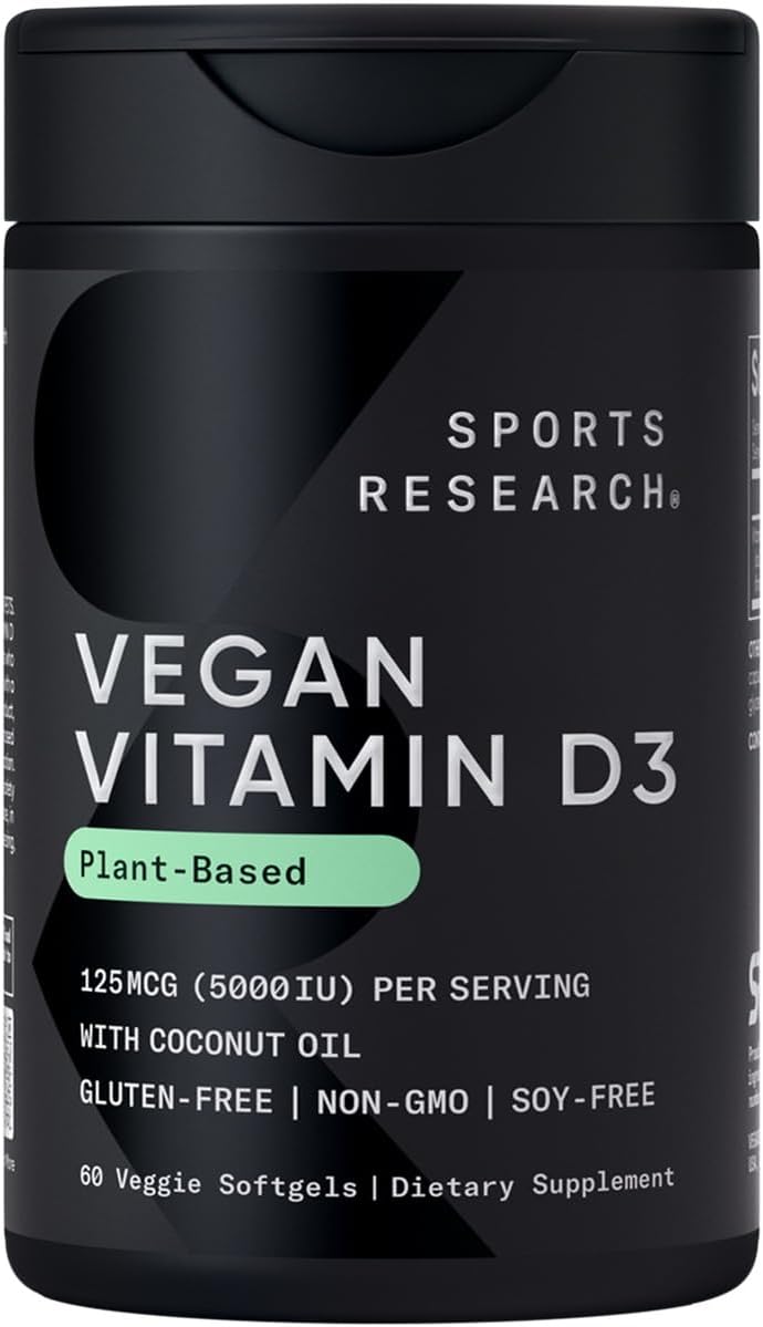 Vegan Vitamin D3 5000IU (125 mcg) with Coconut Oil | 100% Plant-Based Vitamin D for Bone, Joint & Immune Support | Carrageenan Free, Vegan Certified & Non-GMO Verified (60 Softgels)