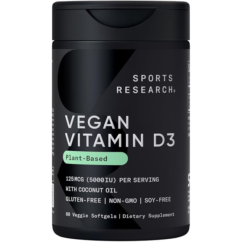 Sports Research Vitamina D3 vegana 125 mcg (5.000 UI) com óleo de coco – 60 cápsulas softgel vegetais