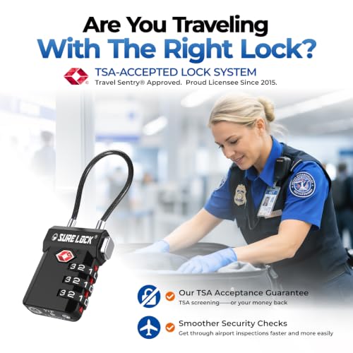 Image of SURE LOCK TSA Compatible Travel Luggage Locks, Inspection Indicator, Easy Read Dials (BLACK 1 PACK)