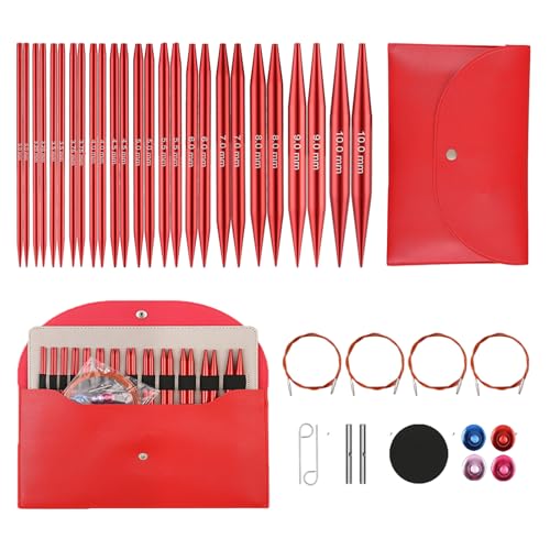 Guclud Interchangeable Circular Knitting Needles Set 4-Inch | US 2.5-15 (3.0-10.0mm) | 13-Pair of Metal Circular Needles | 4 Cables (16', 24', 32', and 40'), Accessories & Case (Rose Red)