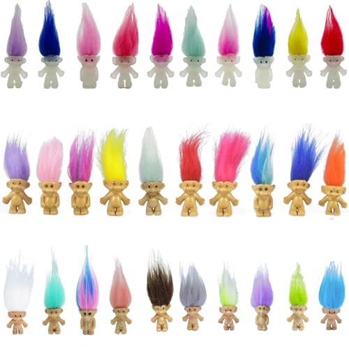 30pcs Luminous Mini Troll Dolls Glow in The Dark Vintage Action Figures Troll Dolls 1.2' Bodies, 2.3' Hair. Cake Toppers School Project, Arts and Crafts (30pcs)