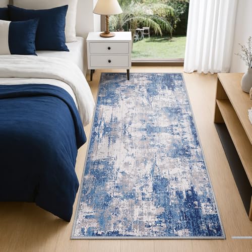 Washable Area Rugs 2'x6' Non-Slip Modern Abstract Soft for Living Room Entryway Bedroom Nursery, Print Pattern, Blue Grey Navy Gray