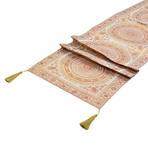 Image of Diwali Decor Brocade Jacquard Silk Table Runner Long Runner for Dinning & Centre Table Mandala Print 72 x 16 Inches (White)