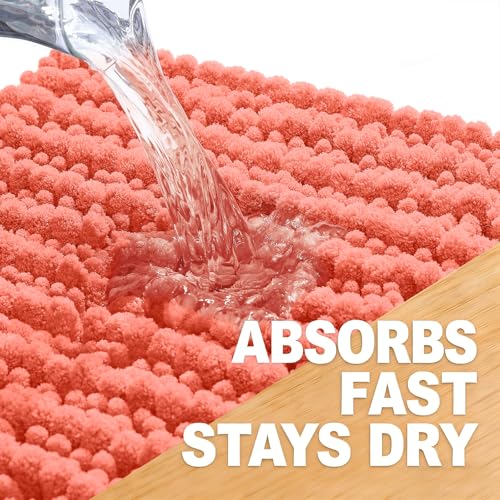 Image of OLANLY Long Bathroom Rugs Runner 59x20, Thick Soft and Absorbent Chenille Bath Mat, Non-Slip, Machine Washable Quick Dry Bath Rugs for Tub Shower Floor, Home Decor Accessories, Coral